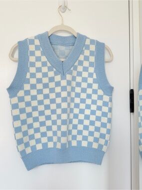 Y2K Checkerboard Knit Sweater Vest in Baby Blue & Cream
